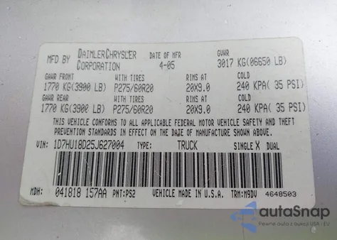 2005 Dodge Ram 1500 Slt/Laramie z USA, uszkodzony, nr VIN 1D7HU18D25J627004